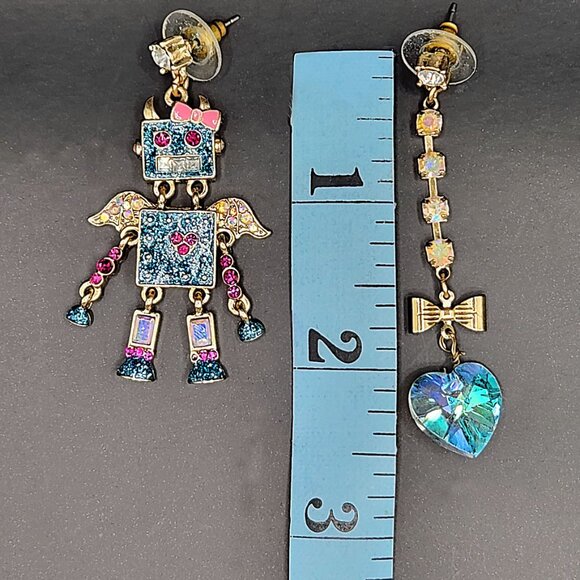 Betsey Johnson Mismatched Blue Glitter Robot Earrings Extremely Rare Collectors - Picture 8 of 11